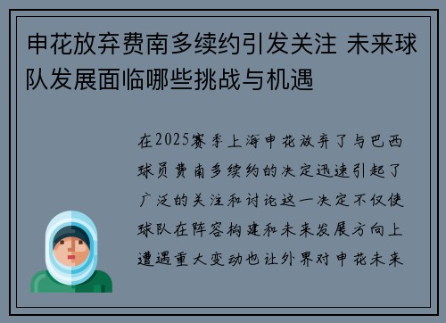 申花放弃费南多续约引发关注 未来球队发展面临哪些挑战与机遇