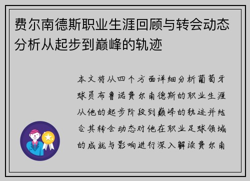 费尔南德斯职业生涯回顾与转会动态分析从起步到巅峰的轨迹
